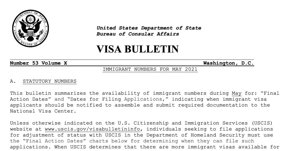 USDOS publishes May 2021 Visa Bulletin