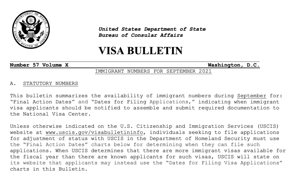 Visa Bulletin September 2021