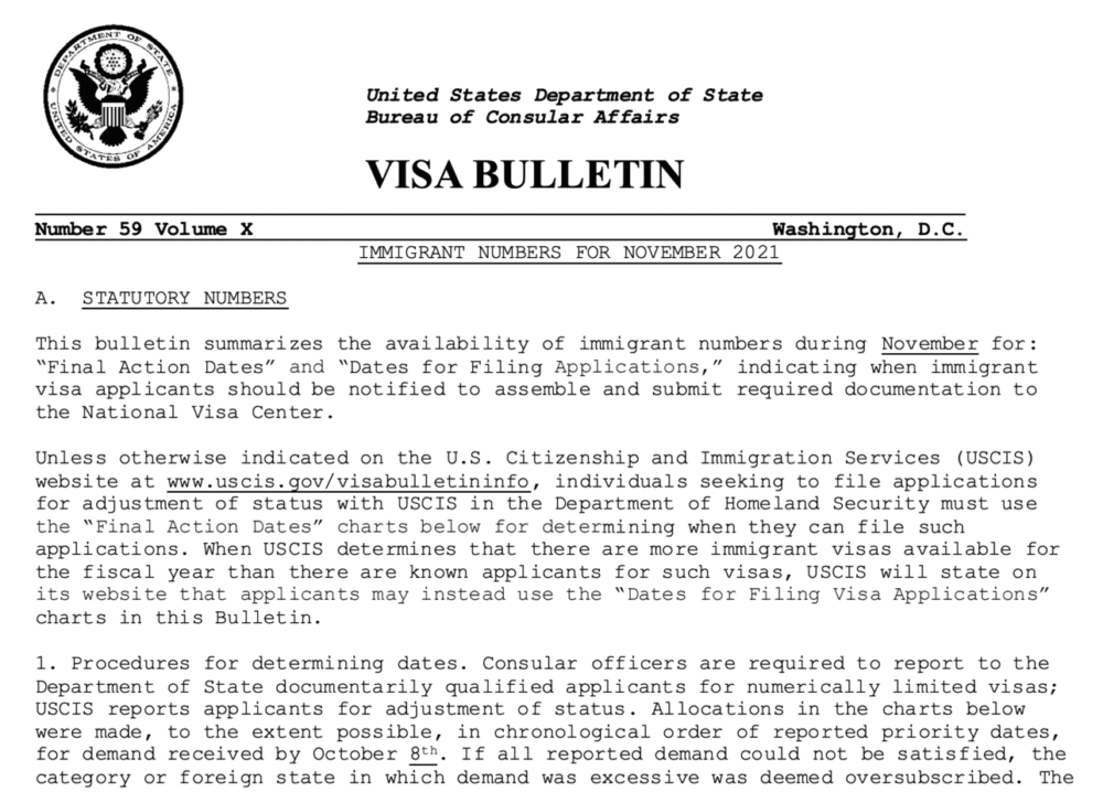 Visa Bulletin November 2021