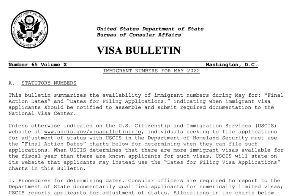 Visa Bulletin May 2022