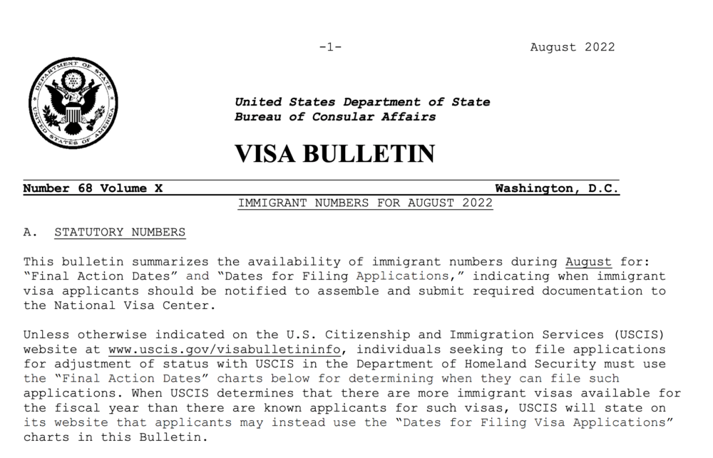 Visa Bulletin August 2022