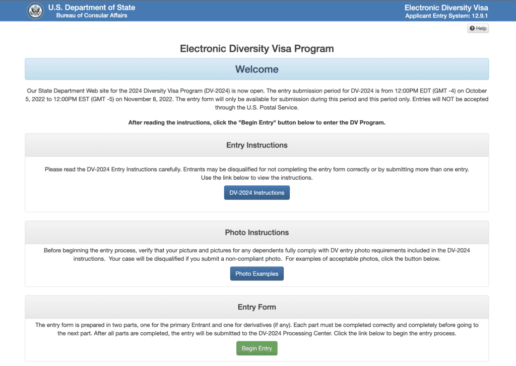 Programa electrónico de visas de diversidad 2024 Electronic Diversity Visa Program