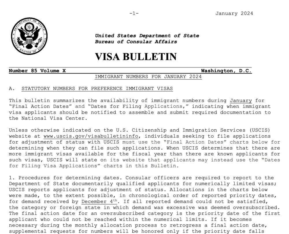 Visa Bulletin January 2024 Visa Bulletin January 2024