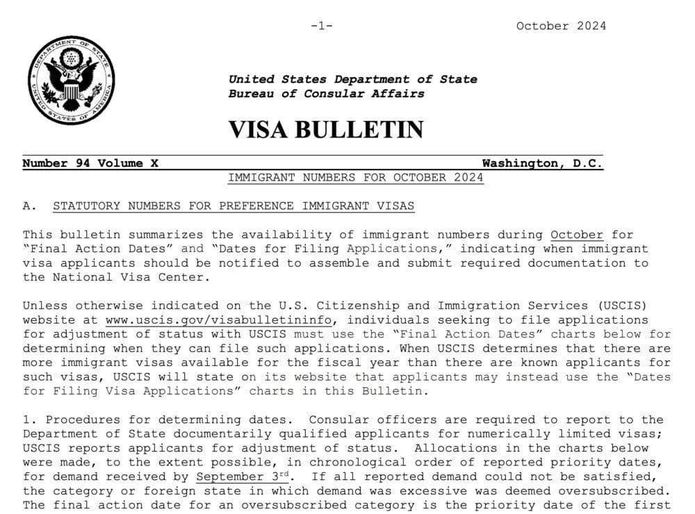 Visa Bulletin October 2024 Visa Bulletin October 2024