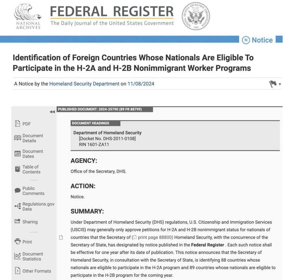 Announcement Federal Register eligible countries H-2A and H-2B visas 2024-2025